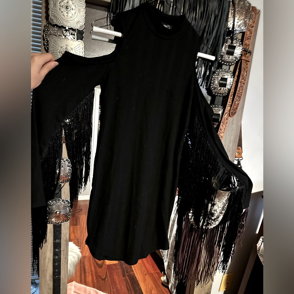 Western fashion open shoulder fringe body-con mini dress